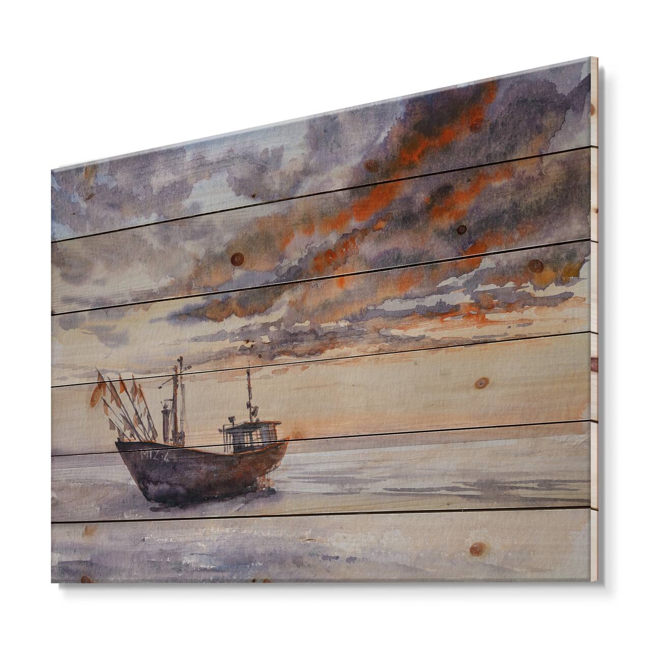 Designart - Wooden Fishing Boat On The Baltic Shore - Nautical & Coastal Print on Natural Pine Wood